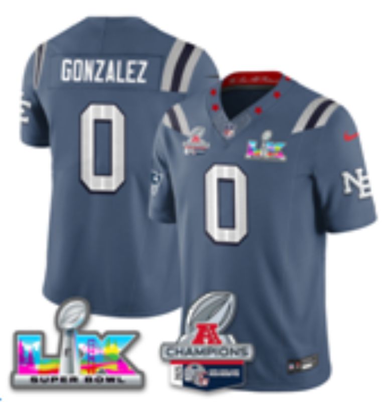 Men 2026 New England Patriots #0 Gowzalez Blue Super Bowl Nike Limited NFL Jersey style 01